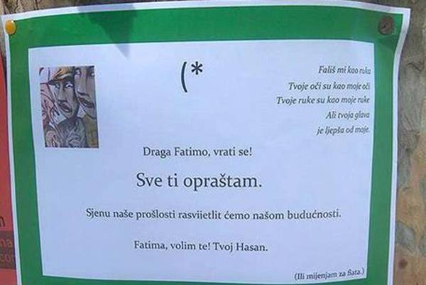 Neobičan oglas na MOSTARSKIM ulicama..Fatima vrati se ili ću te zamjeniti za “fiata”