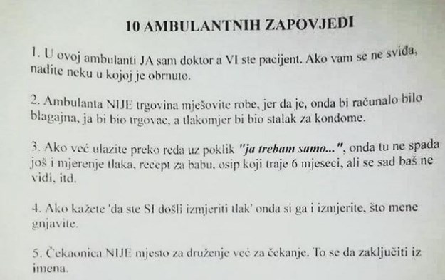 Na vratima jedne ambulante na Balkanu  osvanuo popis “10 ambulantnih zapovijedi”