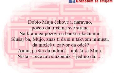 DOBIO MUJO ČEKOVE I, NARAVNO, POČEO DA TROŠI NA SVE STRANE. NA KRAJU GA POZOVU U BANKU I KAŽU MU