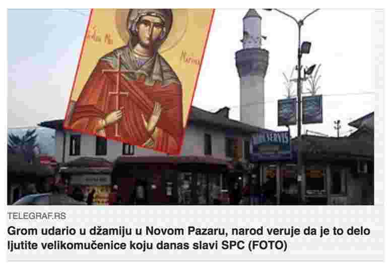 Skandalozna tvrdnja beogradskog “Telegrafa”:”Grom udario u džamiju u Novom Pazaru, to je djelo ljutite velikomučenice koju slavi SPC”