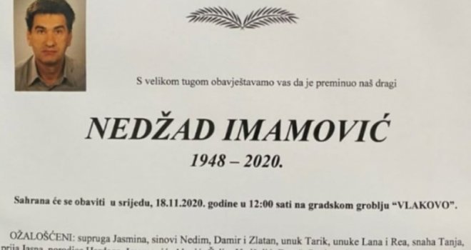 Poznato vrijeme i mjesto sahrane Nedžada Imamovića